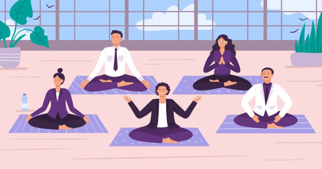 office workers taking a yoga break at work, illustration