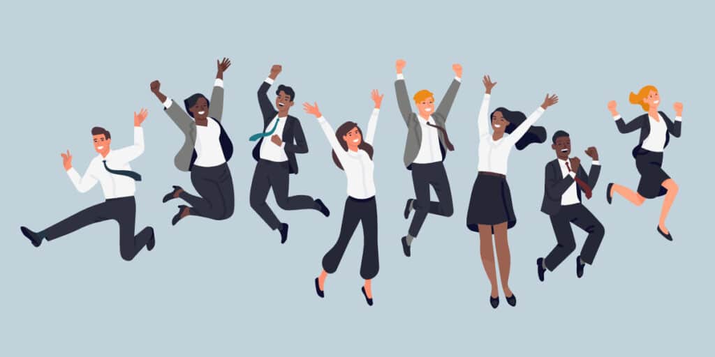 cheerful business colleagues jumping in the air at work, illustration